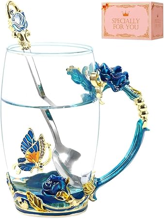 Birthday Gifts For Women,Butterfly Flower Glass Tea Cup Sky Blue Rose Coffee Mug For Women Mom Wife Sister Coworker Female Friend on Anniversary Chri